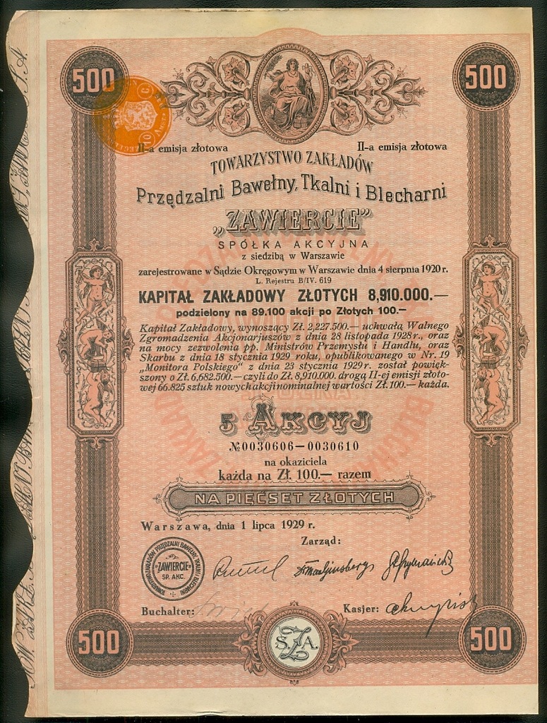 Tow.Zakładów Przędzalni Bawełny, Tkalni i Blecharni. ZAWIERCIE. 1929r.