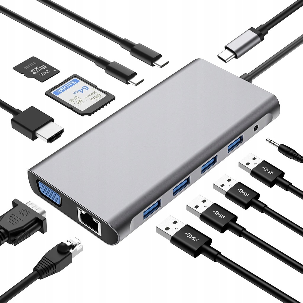 Adapter, HUB, stacja dokująca 12w1 HUB USB-C 3.1 HDMI 4K USB RJ45 SD JACK