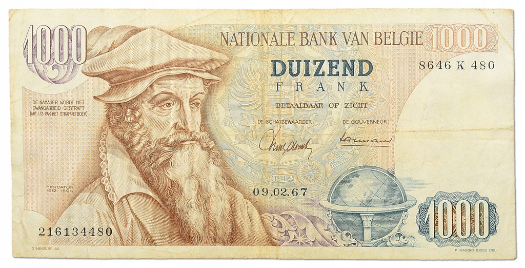 20.Belgia, B.I, 1 000 Franków 1967 rzadki, St.3+