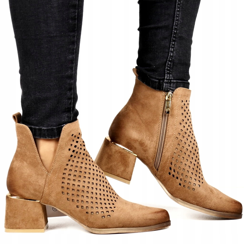 DAMSKIE BOTKI AŻUROWE BRĄZOWE ZAMSZOWE DZIURKOWANE NA ZAMEK OBCAS KLOCEK