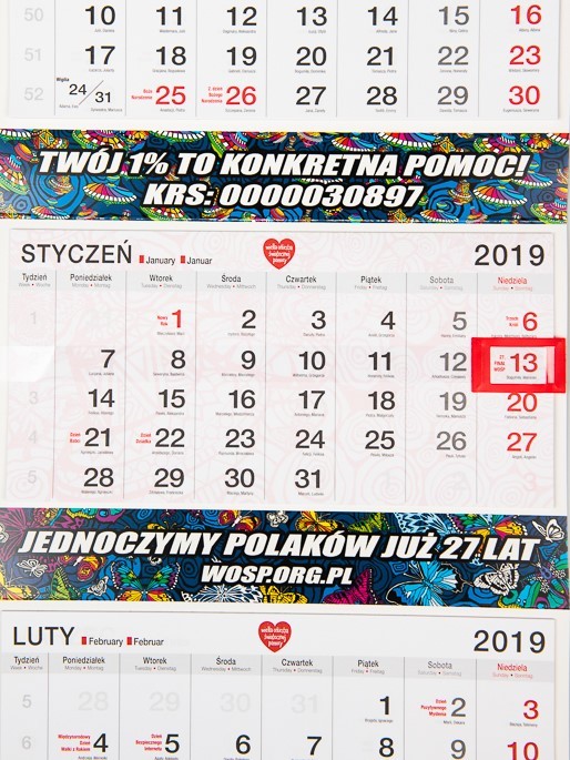 Kalendarz ścienny trójdzielny 2019 WOŚP  27 Finał