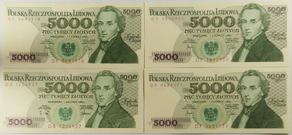 13AC.BANKNOT 5000 ZŁ 1982,1988-4 SZT.UNC/UNC-22.06