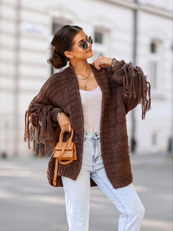 Kardigan, sweter damski, frędzle, czekolada, boho, UNI