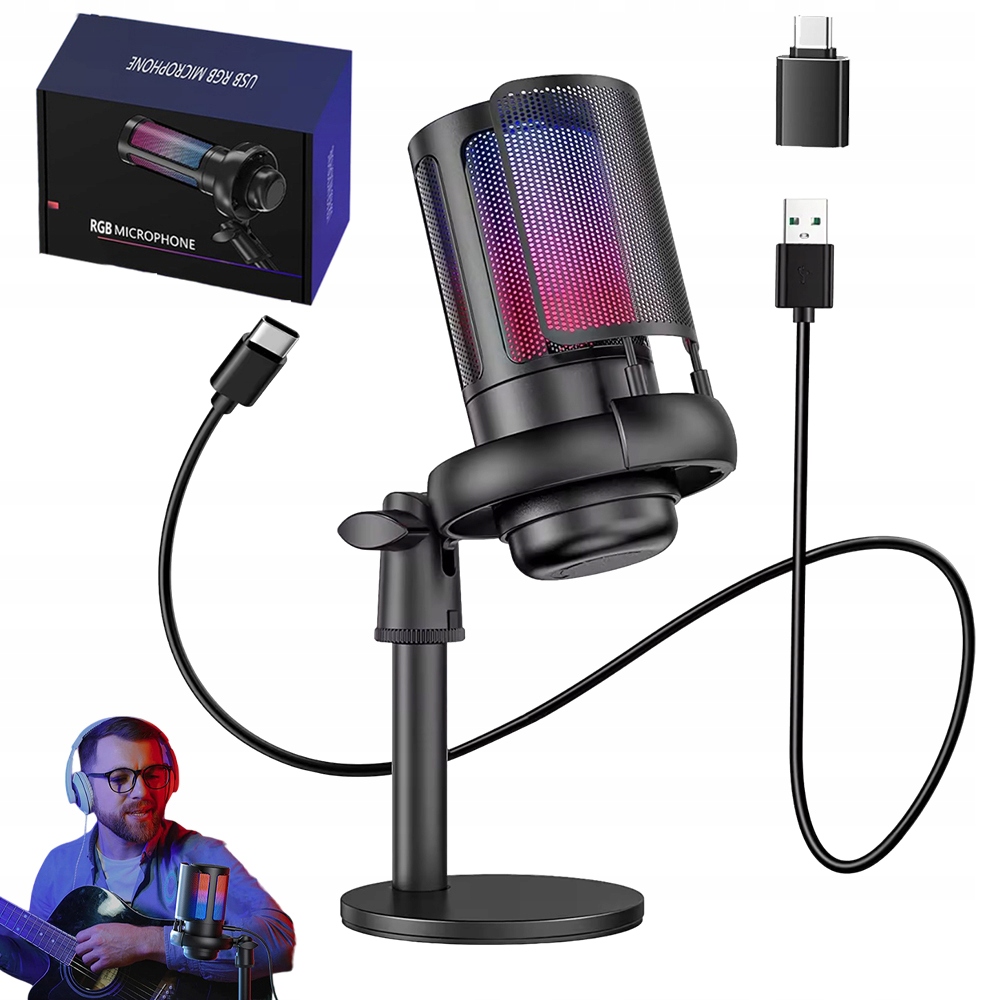 MIKROFON USB DO KOMPUTERA GAMINGOWY POP-FILTER POJEMNOŚCIOWY FUNKCJA WYCISZ