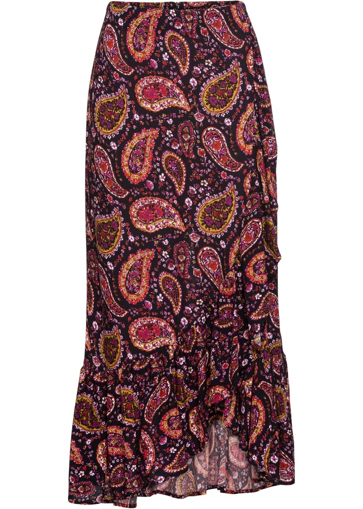 Z2224 SPÓDNICA Z FALBANKĄ CZARNA WZORZYSTA R.34