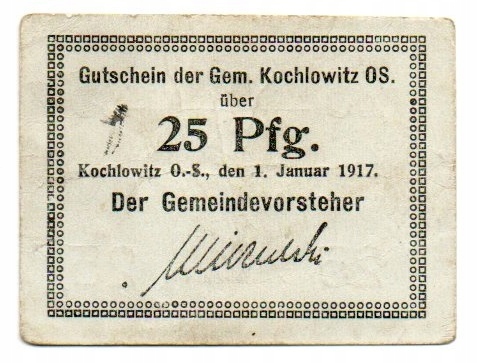 KOCHŁOWICE Kochlowitz Gemeinde 25 Pfg. 1.1.1917