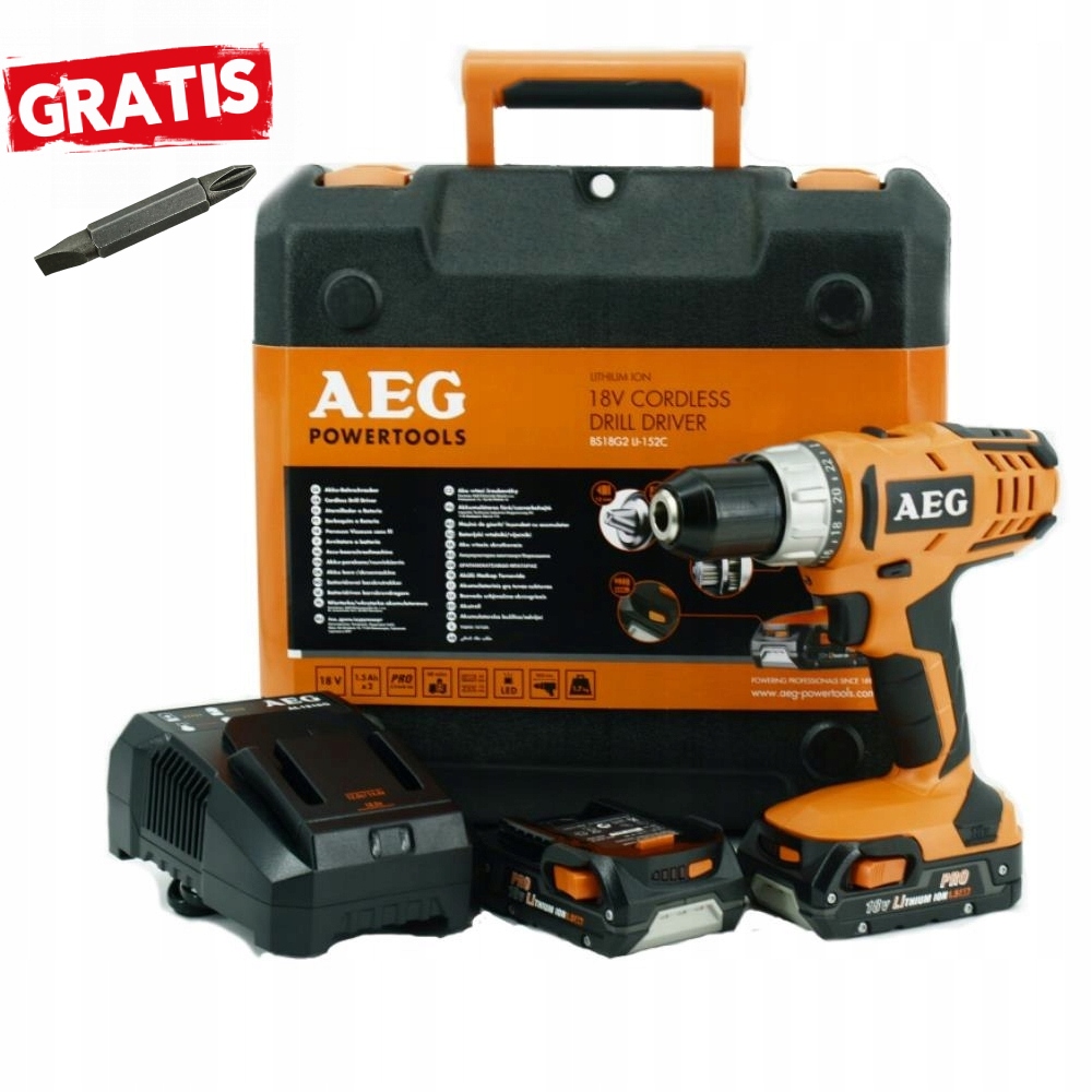 Wiertarko wkrętarka 18V AKUMULATOROWA AEG BS18G2LI-152C 2x1.5Ah AL1218G