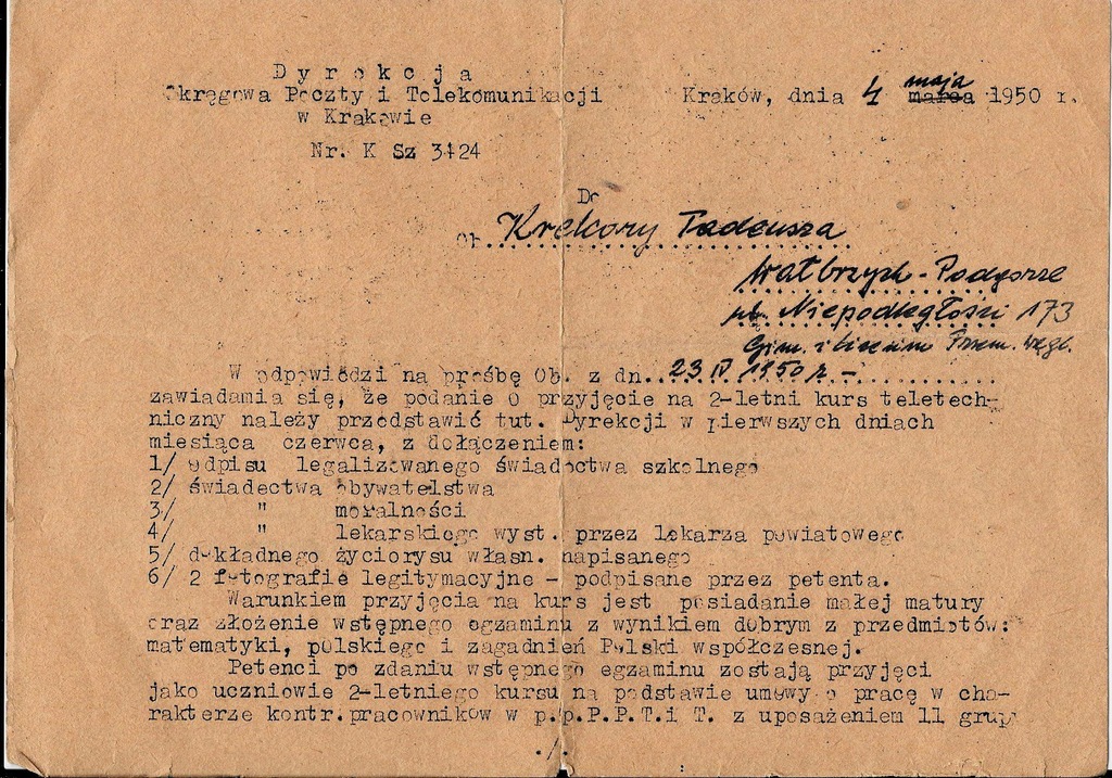 Pismo-dyrekcja poczty, telekomunikacji Kraków 1950