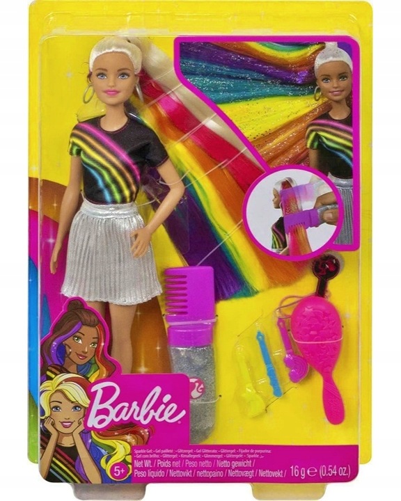 Barbie Lalka BŁYSZCZĄCE TĘCZOWE WŁOSY FXN96