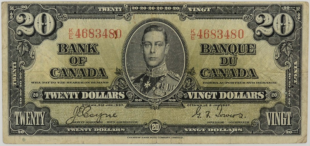 12.fu.Canada, 20 Dolarów 1937 rzadki, St.3+