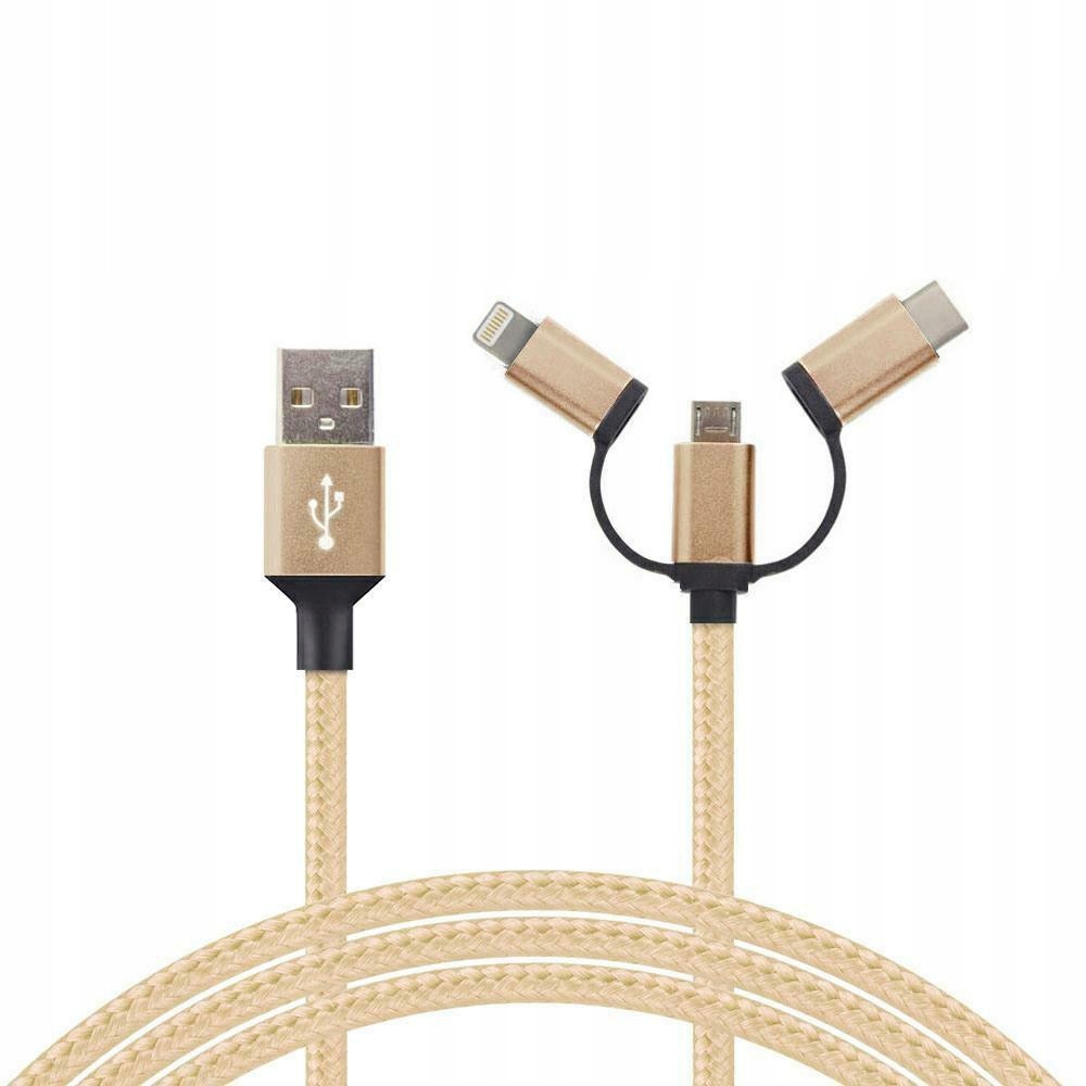 Kabel Samochodowy 3w1 USB Typ C Micro iPhone do Auta - Wzmacniany 1m
