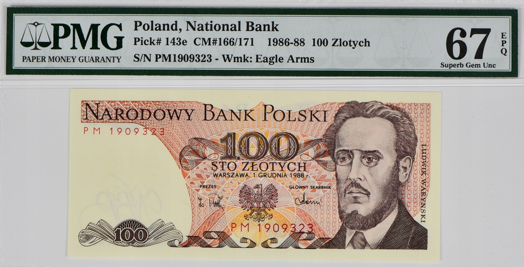 100 zł - 1988 rok - seria PM - PMG 67 EPQ