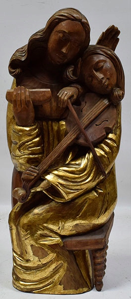 Ok1950 Stara rzeźbiona figurka Dwie skrzypaczki wys. 65cm