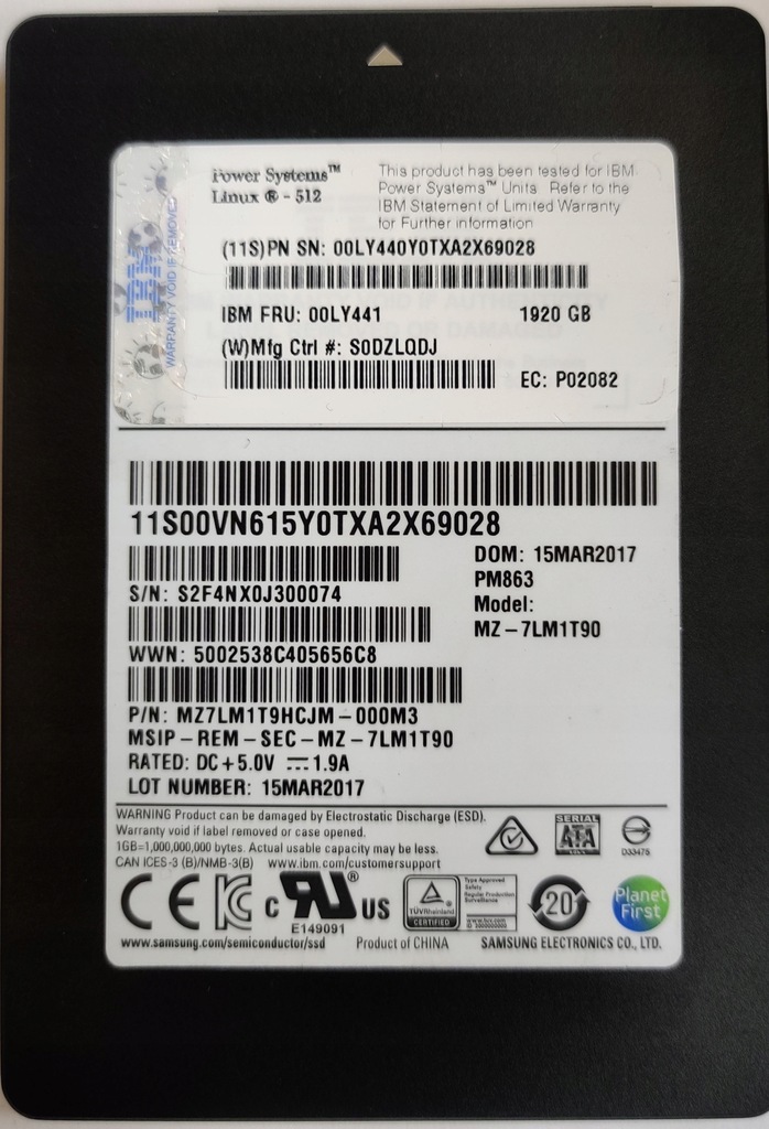 DYSK Samsung IBM 1.92TB 2,5" SATA 6Gb PM863 MZ-7LM1T90 jak nowy 22h pracy