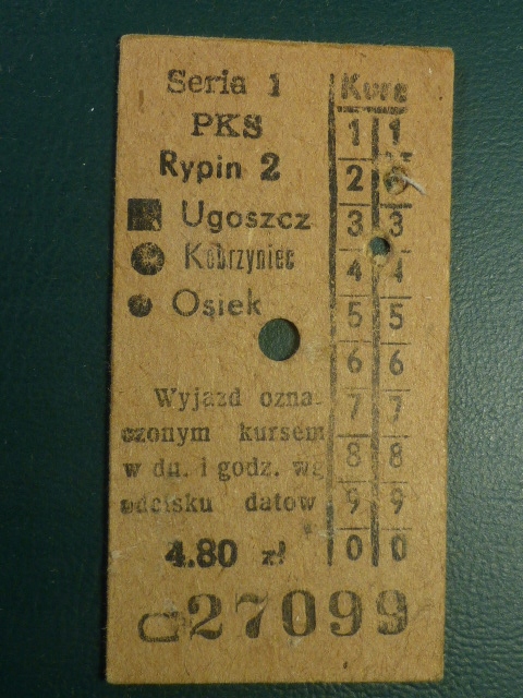 Bilet PKS,Rypin-Ugoszcz- Kobrzyniec-Osiek,1957r.