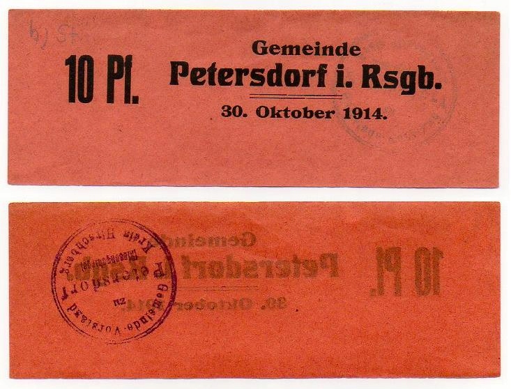 PIECHOWICE Petersdorf 10 Pf. 1914. H ze stemplem