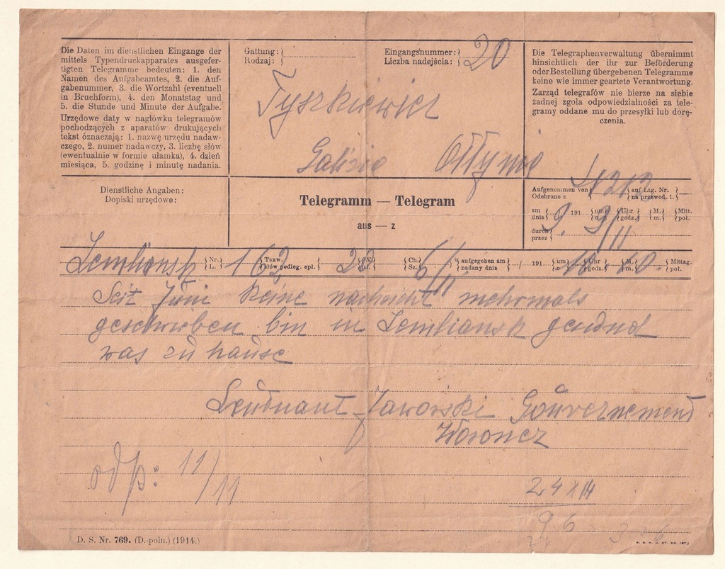 Telegram, druk austriacki w języku polski 1914 rok