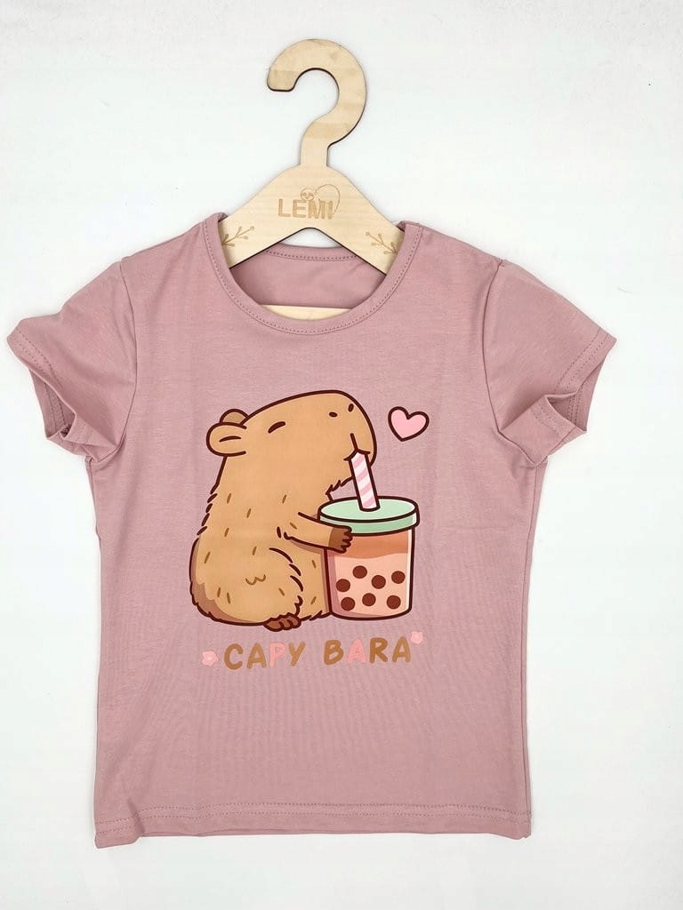T-shirt dziewczęcy KAPIBARA bluzka bawełna polski Milbo - 128, puder róż