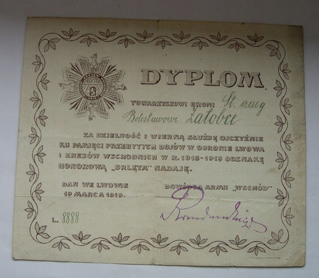 LEGITYMACJA DYPLOM II RP, odznaki Orlęta LWÓW
