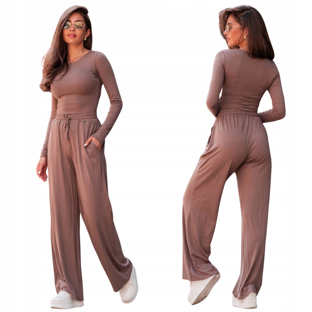 Coffee wiskozowy komplet dopasowana bluzka + luźne spodnie M/L E351