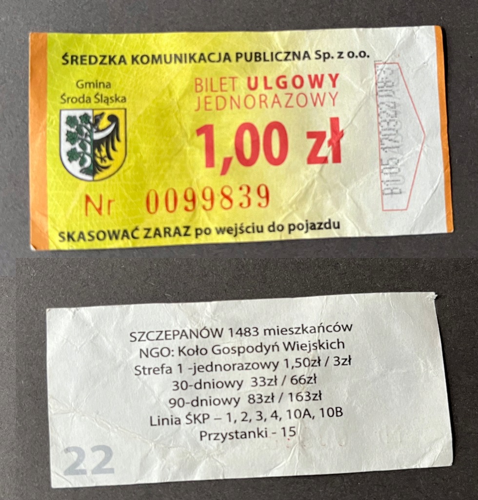 Bilet autobus, komunikacja miejska Środa Śląska odwrotka 2