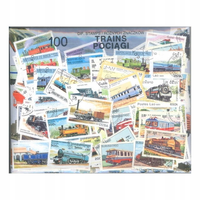 Pakiet 100 znaczków pocztowych - POCIĄGI