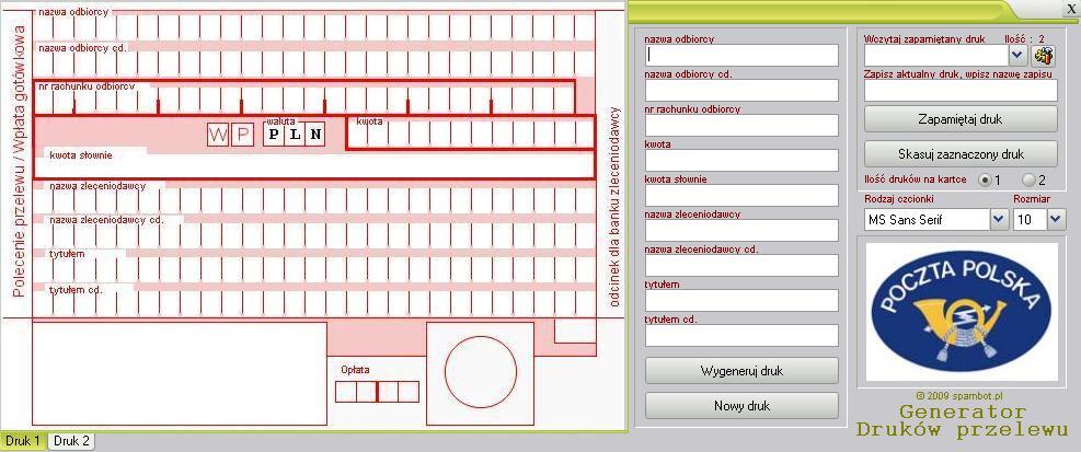 Generator druków pocztowych, wpłat bankowych