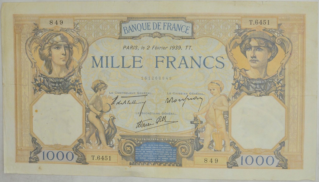 5.Francja, 1 000 Franków 1939, P.90.c, St.3+