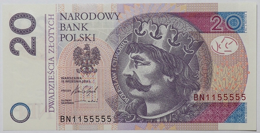 Banknot 20 zł 2016 rok - Seria BN 1155555