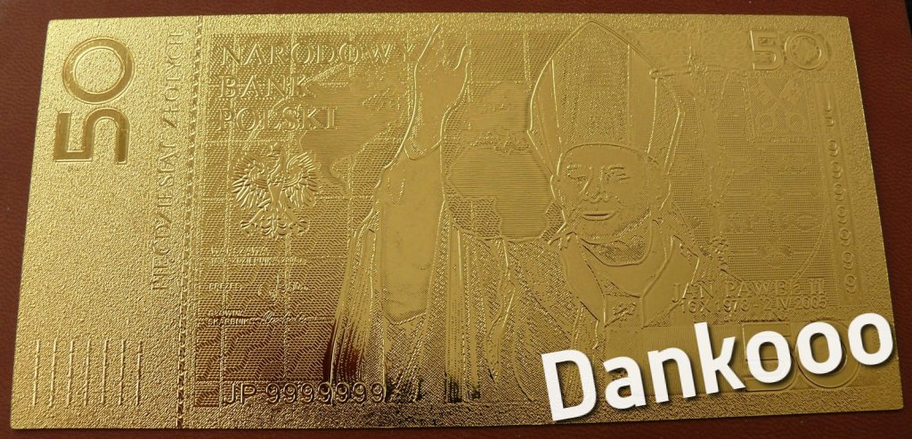 50 zł Jan Paweł II banknot pokryty 24k złotem