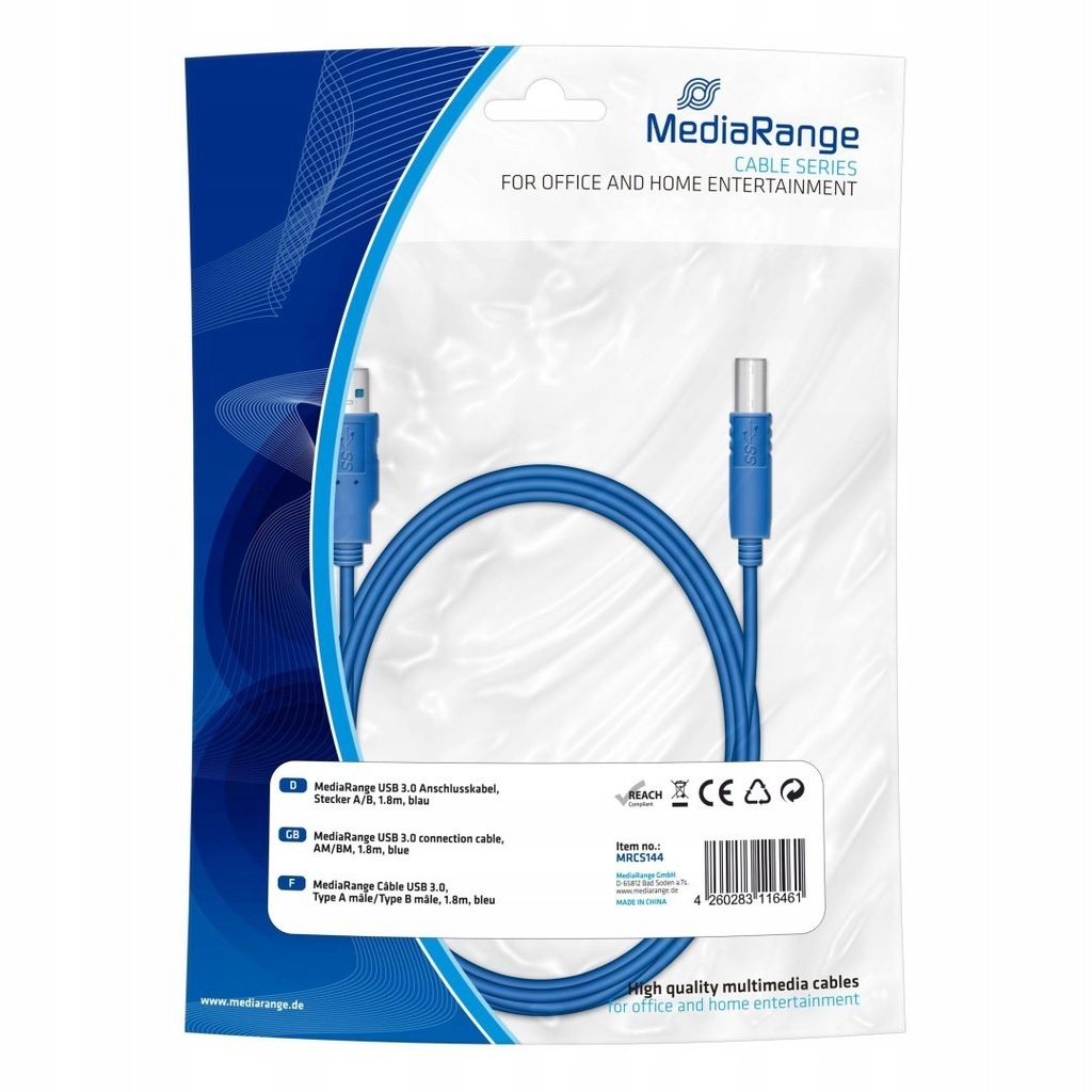 Kabel USB 3.0 MediaRange MRCS144 AM/BM, 1,8m, nieb