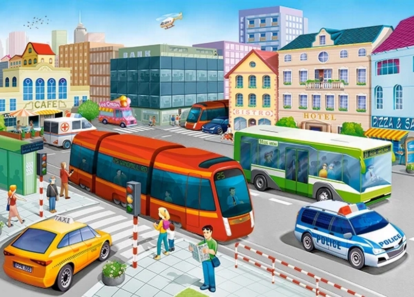 PUZZLE 120 EL SKRZYŻOWANIE ULIC RUCH ULICZNY AUTA TRAMWAJ CASTORLAND