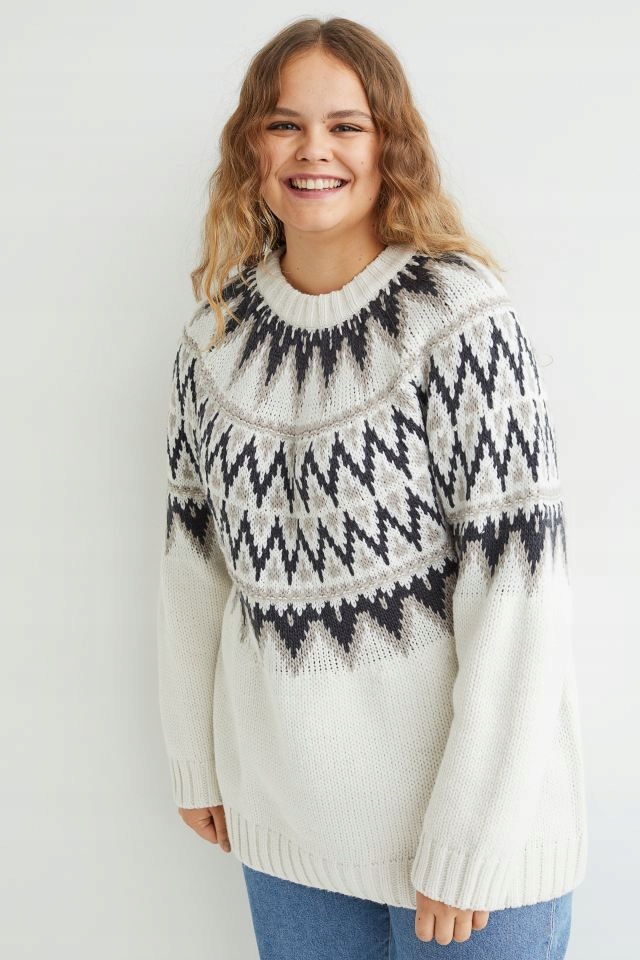 H&M sweter warkoczowy islandzki oversize wełniany norweski pleciony print L