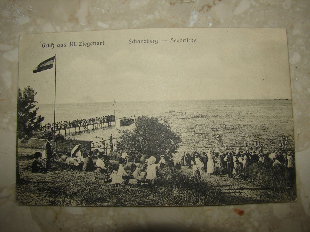 Klein Ziegenort / Trzebież - most, plaża - stara pocztówka z 1914 r
