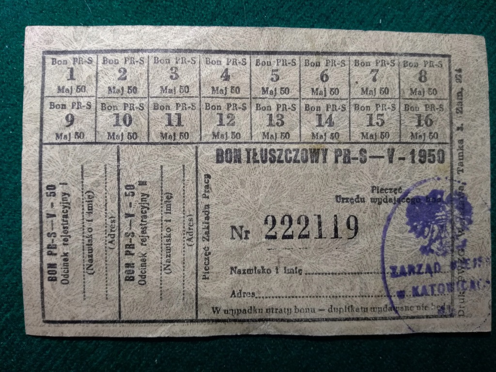 Kartka żywnościowa Bon tłuszczowy 1950 Katowice