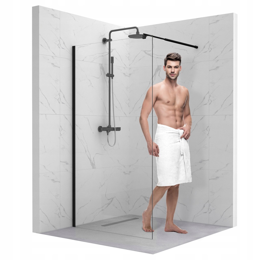 ŚCIANKA SZYBA PRYSZNICOWA WALK-IN 120 CM CZARNA DRZWI KABINA SZKŁO 8MM ESG