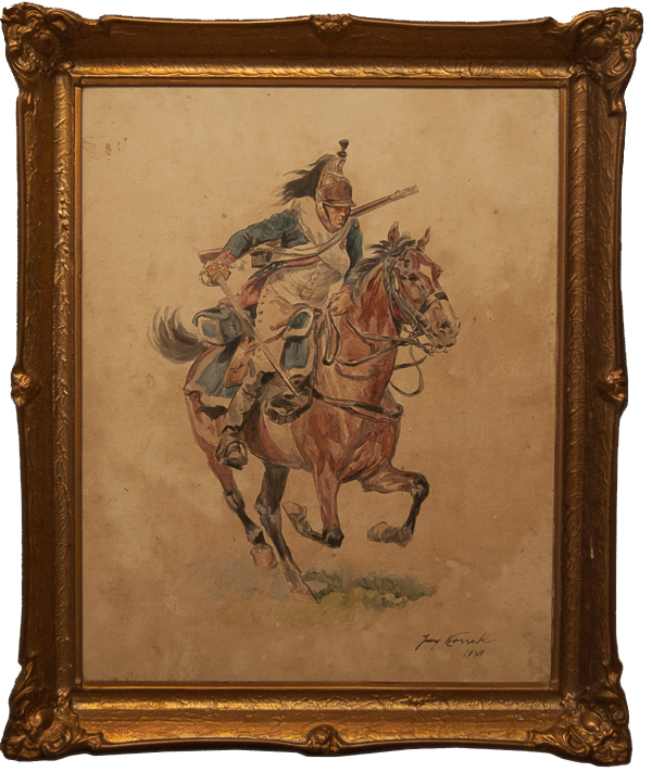 Jerzy Kossak - akwarela, obraz, żołnierz na koniu