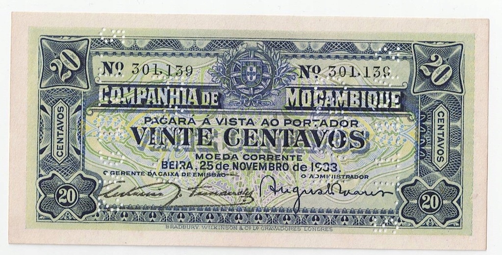 Banknot Mozambik 20 Centavos 1933