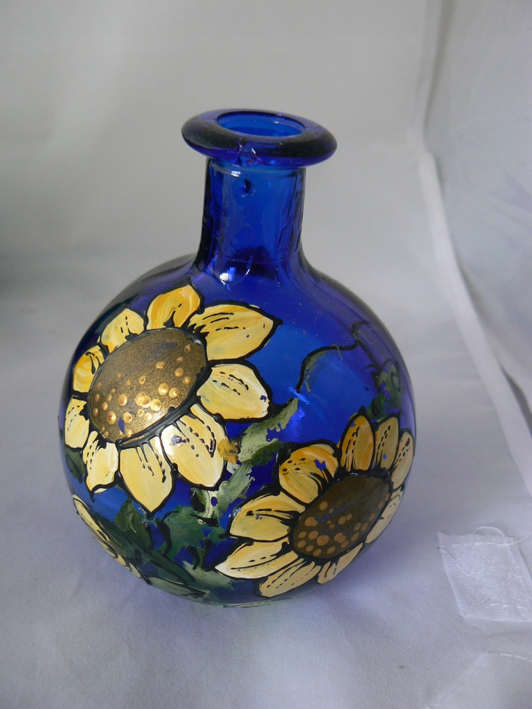 Kobaltowa buteleczka ręcznie malowane słoneczniki