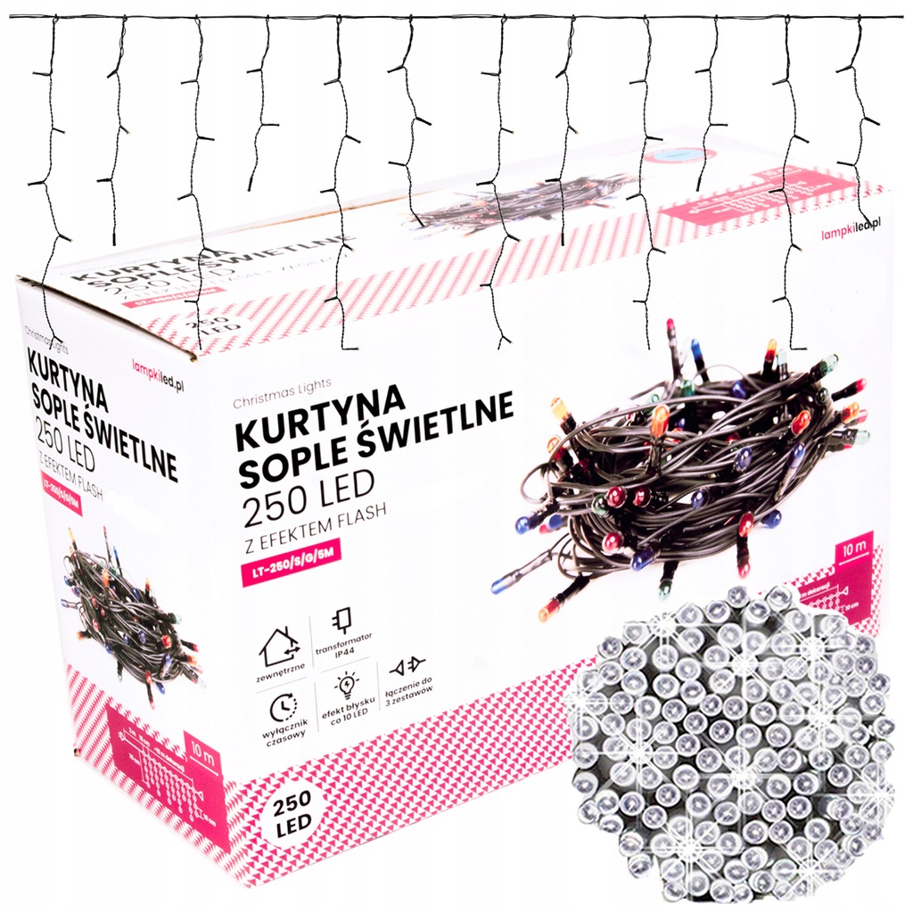 LAMPKI SOPLE ZEWNĘTRZNE 250 LED 10m GĘSTE | ZIMNE BIAŁE + FLASH | + TIMER