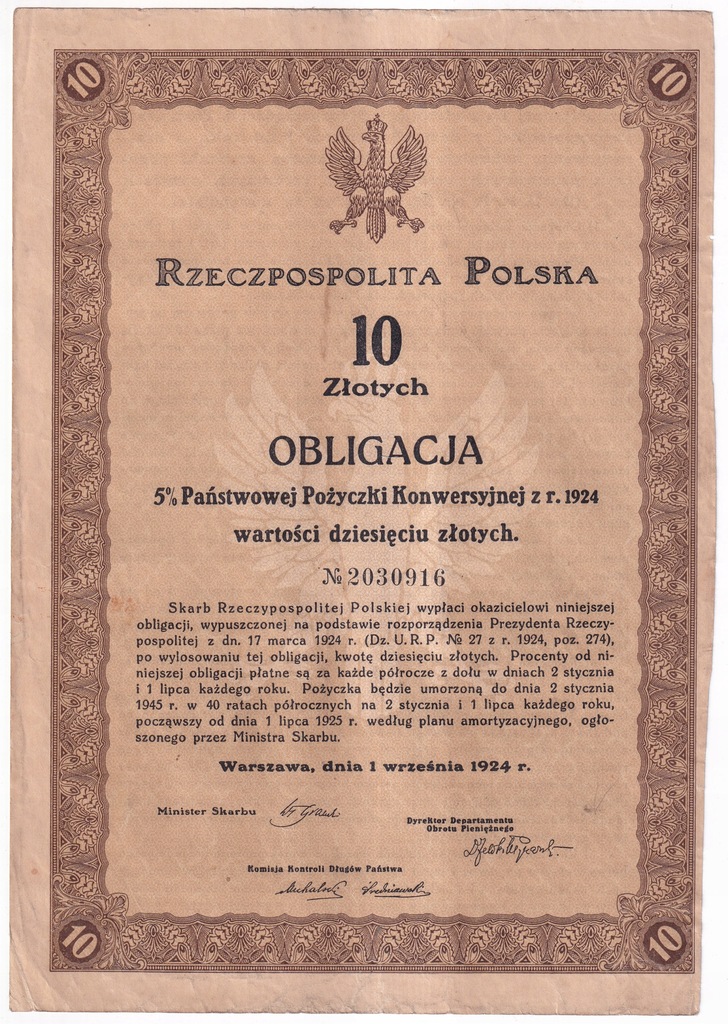 Obligacja 10 złotych 1 września 1924 r. 11 kuponów A