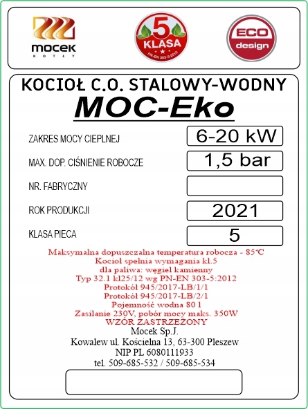 Tabliczka znamionowa na kocioł, piec Moc-eko
