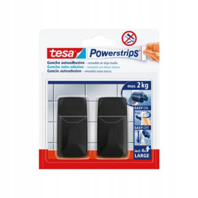 TESA Haczyk prostokątny duży 2 kg Powerstrips czarne 2 sztuki