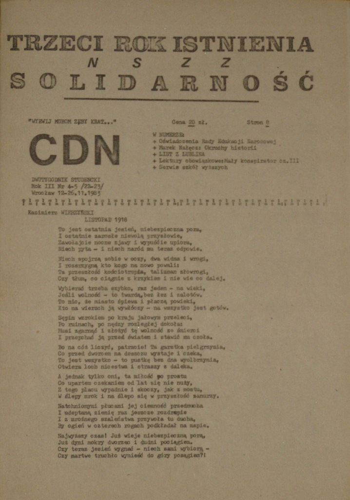 CDN nr 4-5/22-23, dwutygodnik studencki NZS Wrocław 1983