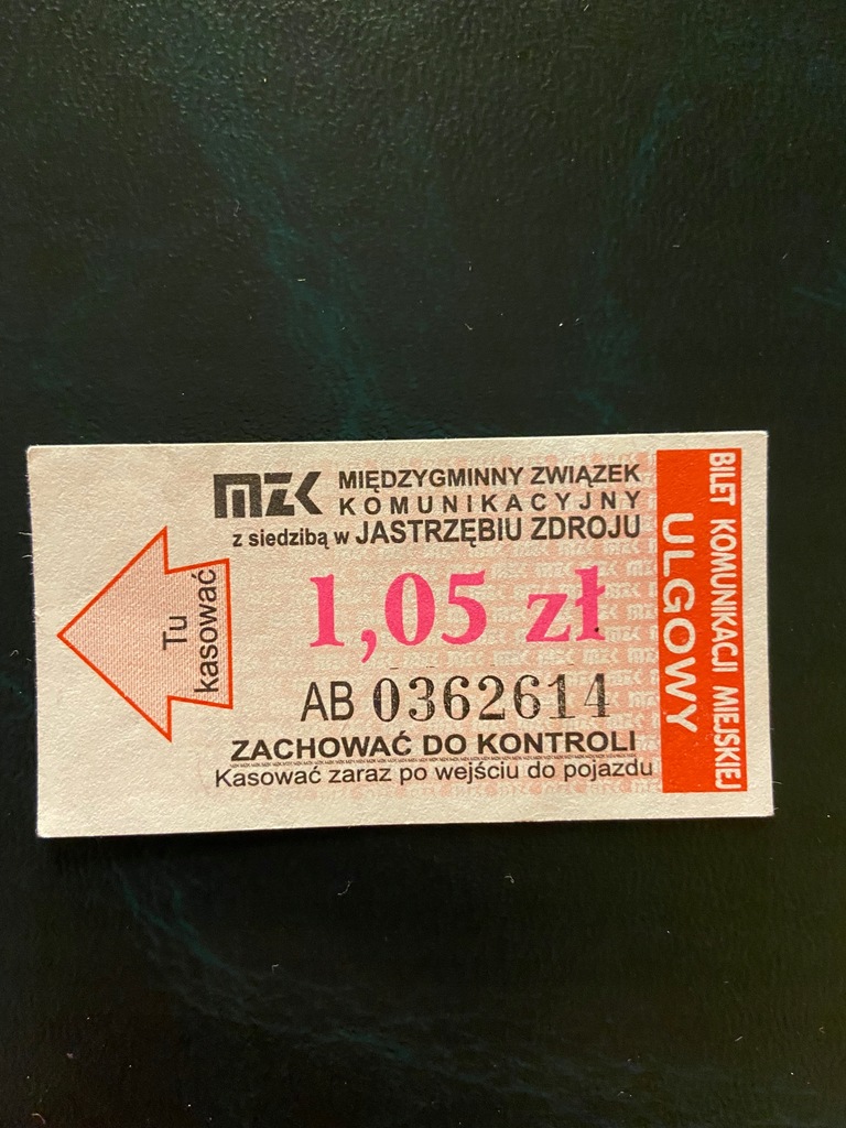 Bilet MZK JASTRZĘBIE-ZDR. 1,05zł ULGOWY czerwony