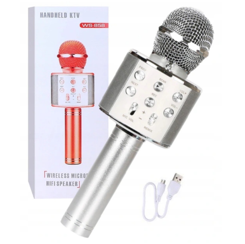 MIKROFON BEZPRZEWODOWY KARAOKE BLUETOOTH SREBRNY