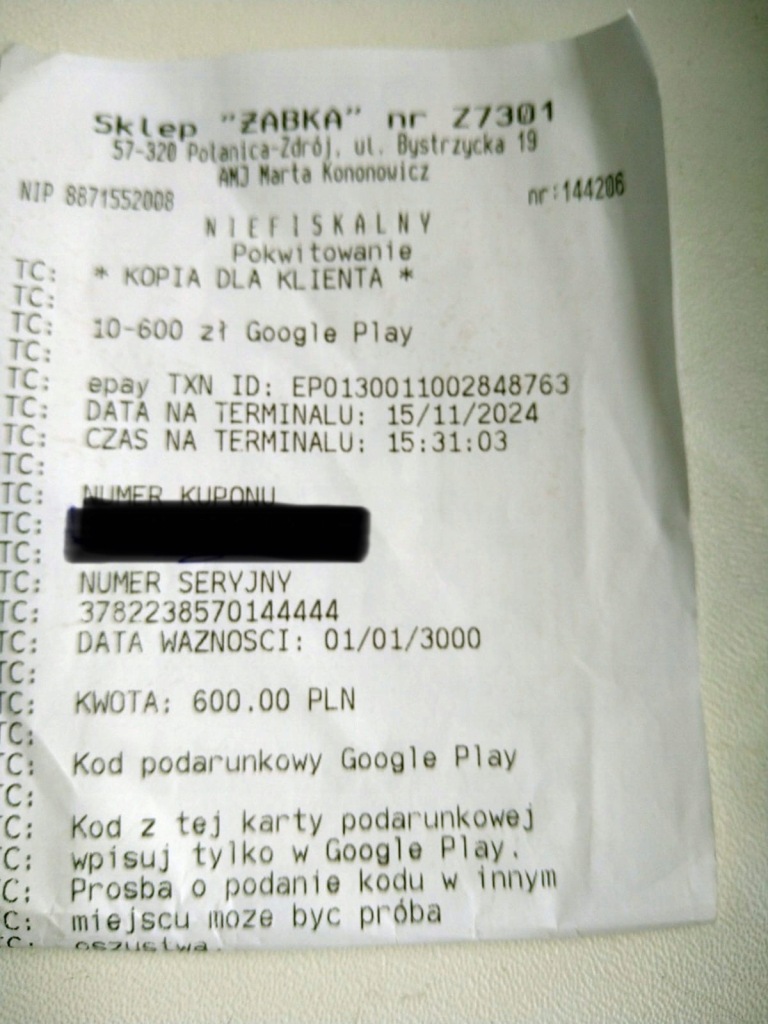 Google Play doładowanie 600 zł