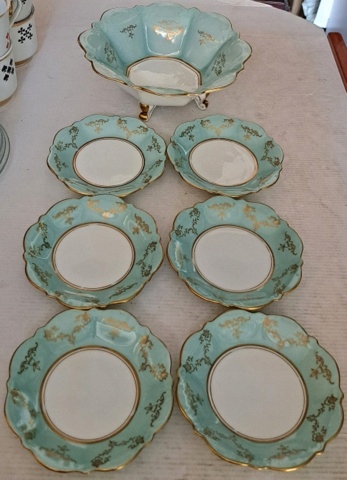 PIĘKNY PORCELANOWA OWOCARKA NA 4 NÓŻKACH +6 TALERZYKÓW - ĆMIELÓW LATA 30-te