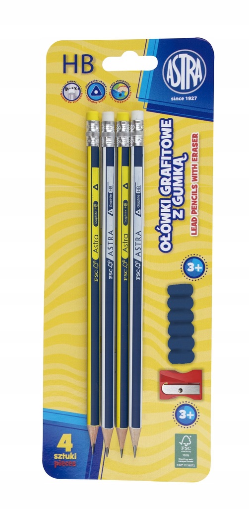 Ołówki Astra grafitowe z gumką, temperówką i