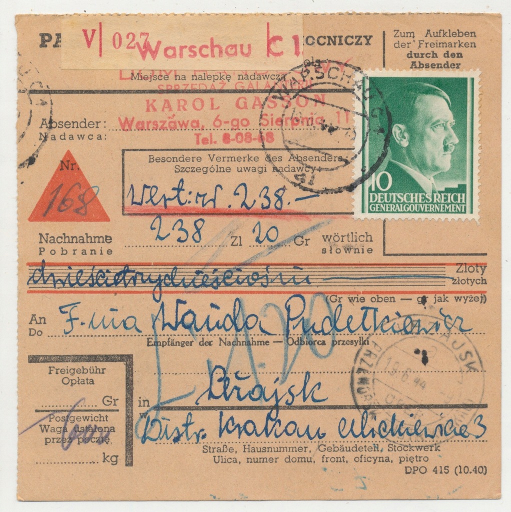 GG - Skart Paketkarte Warszawa C1 1944. (818)
